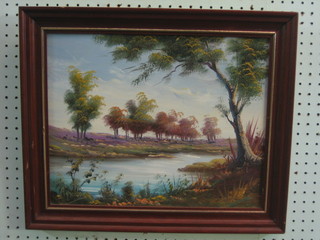A Continental oil on canvas "Impressionist River Scene" 12" x 16" indistinctly signed