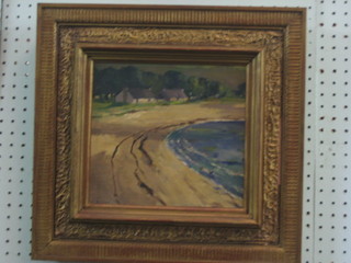 W Jackson, Irish School, oil painting on canvas, impressionist, "Beach Scene with Cottage and Cliffs in Distance" 9" x 9 1/" signed W Johnson (from the estate of a Belfast Antique Dealer)