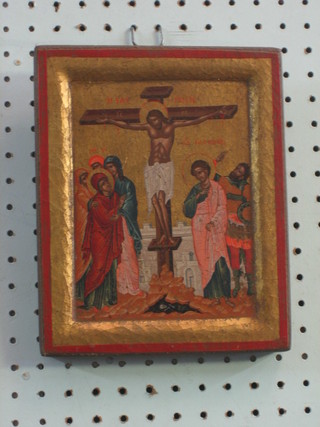 20th Century Icon on an oak panel "Christ's Crucifixion"  9" x 7"