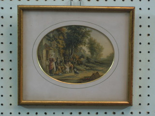 A Le Blonde & Co coloured print "Figures Sat by a Roadside" 5" oval