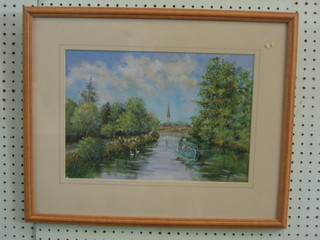 Joan Johnson, oil on board "Chichester Canal, Cathedral in Distance" 10" x 14 1/2"