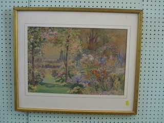 Mary Stevens, watercolour drawing "Impressionist Garden Scene with Hills in Distance" 10" x 17"
