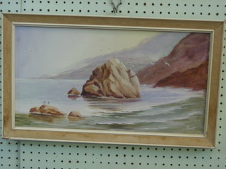 Scott, oil on board "Seascape with Seagulls and Rock" 9" x 18"