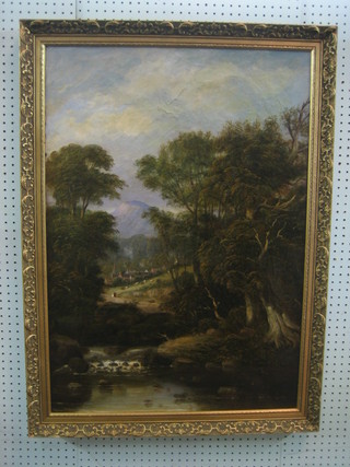 18th Century oil on canvas "River Scene with Church, Cattle and Mountain in Distance" 34 x 23"