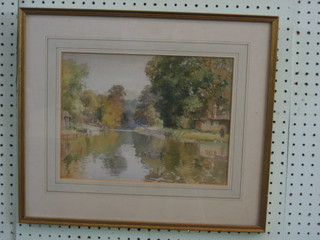 A pair of watercolour drawings "River Scene with Figures" 9" x  12" indistinctly signed