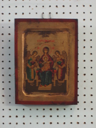 20th Century Icon on an oak panel "Infant Christ with Mary and 2 Angels in Attendance" 9" x 7"