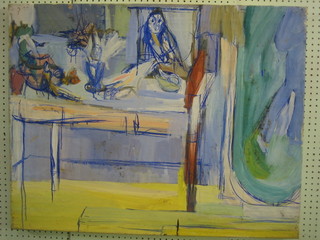 Modern Art, oil painting on canvas "Interior Scene with Figure" 28" x 36"