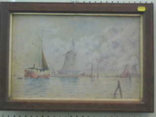 Dutch School, watercolour drawing "Barges and Windmills" monogrammed SS and dated 1907 10" x 17"