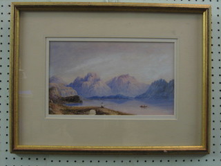 19th Century Continental watercolour "Mountain Lake with Figures Boating and Figure Fishing on Bridge" 7" x 11"