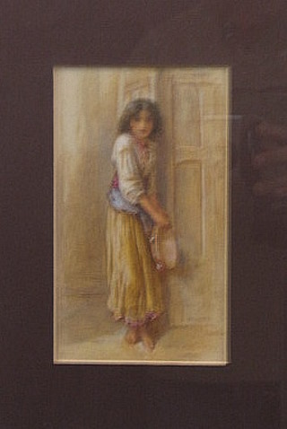 J Bouvoir, watercolour "Standing Gypsy Girl" 8" x 4 1/2"