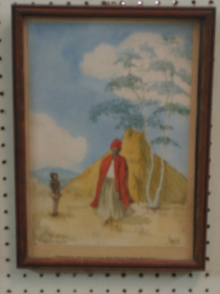P Richardson, South Africa School, watercolour drawing "Figure of a Standing Gentleman with Mountain in Distance" presented by the Southern Free State District Bowling Association 10" x 7"