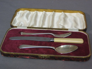 A silver 3 piece Christening set comprising knife, fork and spoon, Sheffield 1954, cased
