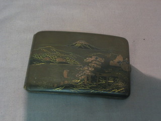 A handsome Japanese bronze cigarette case with engraved niello decoration, the reverse with 3 character signature 4"