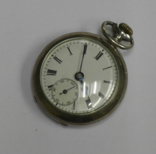 A lady's Continental open faced fob watch with enamelled dial and Roman numerals contained in a white metal case, the back embossed a lioness, marked Holy Frs