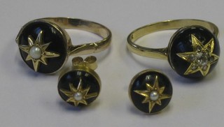 A 9ct gold black enamelled dress ring set diamonds together with a similar suite of jewellery comprising earrings and ring