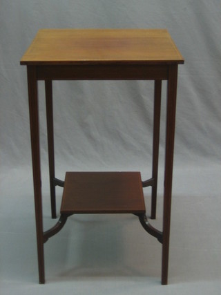 An Edwardian square inlaid mahogany 2 tier occasional table, raised on square tapering supports 16"