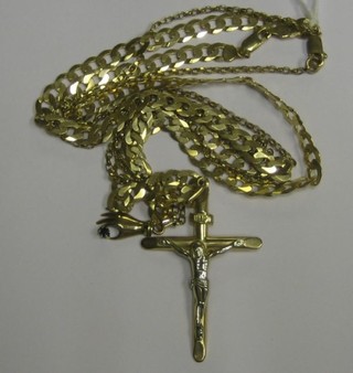 A modern 9ct gold flat link chain hung a crucifix and 1 other modern gold chain hung a hand pendant
