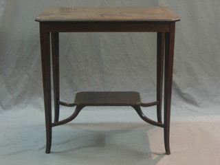 An Edwardian rectangular inlaid mahogany 2 tier occasional table, raised on outswept supports 27"