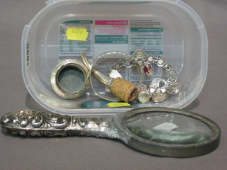 A "silver" charm bracelet, a silver bracelet, a salt and an amber magnifying glass etc