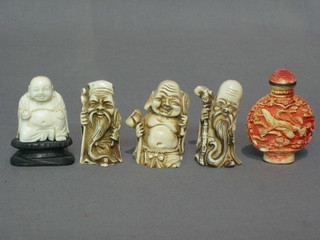 A carved ivory figure 2", 3 other figures and a reproduction snuff bottle