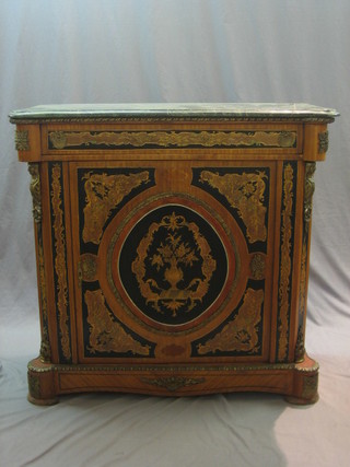 A 19th/20th Century Continental side cabinet with grey veined marble top and gilt metal mounts, the top fitted a drawer enclosed by a panelled cupboard, inlaid throughout 41"