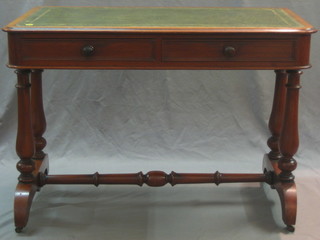 A Victorian mahogany stretcher/library table with inset tooled leather writing surface, the base fitted 2 drawers, raised on turned supports 42"