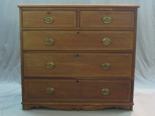 A Victorian inlaid mahogany chest of 2 short and 3 long drawers, raised on bracket feet 42"