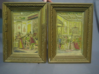 2 plaster relief plaques depicting Elizabethan interior scenes 12" x 8"