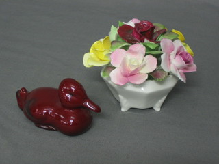 A Royal Doulton flambe figure of a seated duck 3"  and a Royal Doulton posy 3 1/2"