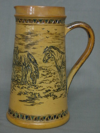 A Royal Doulton salt glazed Hannah Barlow jug decorated standing horses, the base impressed Doulton Lambeth 1873 437, 9"