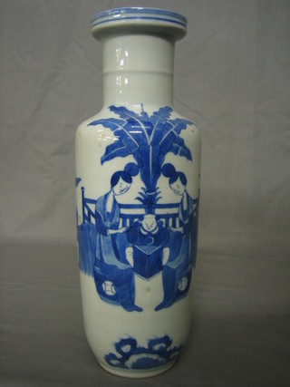 A 19th Century Japanese blue and white club shaped vase decorated figures 12"