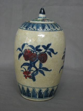A  19th Century Oriental jar and cover, the base with 6 character mark 7"