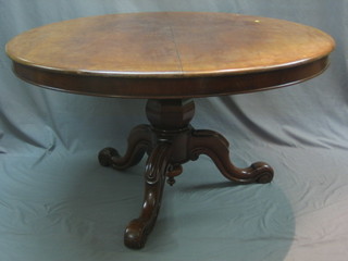 A Victorian circular mahogany Loo table, raised on a turned column and tripod base 50"