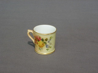 A Royal Worcester blush ivory ground miniature mug with floral decoration, the base with purple Worcester mark and 12 dots 1"