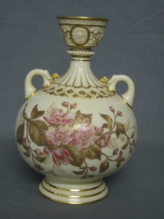 A Royal Worcester blush ivory ground twin handled vase of club form, the base marked 1109 10"