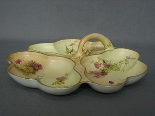 A Royal Worcester 3 section hors d'eouvres dish, the base  with purple Worcester mark and 15 dots, 10" 