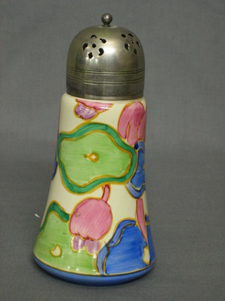 A Clarice Cliff Bizarre pattern cylindrical pottery sugar sifter with silver plated mount 5"