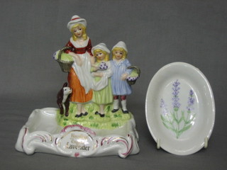 A Yardley oval soap tray decorated lavender 5" and a Yardley soap tray decorated figures 6"