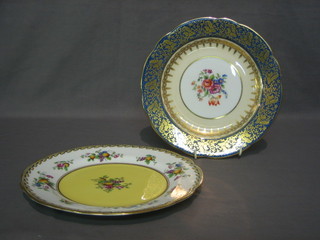 An Aynsley porcelain plate with floral decoration, blue and gilt banding 8 1/2" and 1 other Aynsley plate decorated fruit 9"
