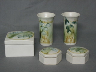 A Welford square pottery trinket box 3", 2 octagonal trinket boxes 2" and 2 specimen vases 4"