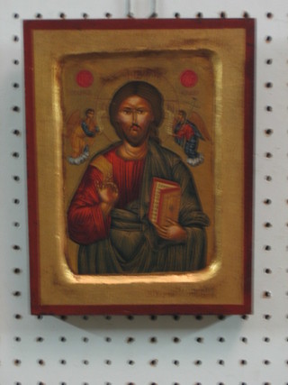 20th Century Icon "Standing Christ with Two Saints in Attendance" 9" x 7"