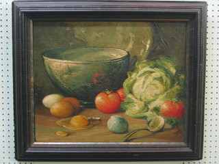 Oil painting on canvas, still life study "Bowl of Vegetables", monogrammed P F 44 to top right hand corner, 16" x 20"
