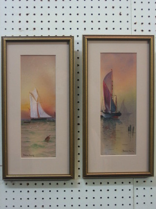 J Hapdy, a pair of watercolour drawings "Yacht and Fishing Boat" 10" x 3 1/2"