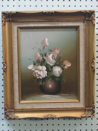 Monilox, 20th Century oil on canvas, still life study "Vase of Flowers" 9" x 7 1/2"