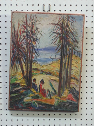 H Cabaee? oil painting on board "Tropical Island with Trees" 13" x 10"