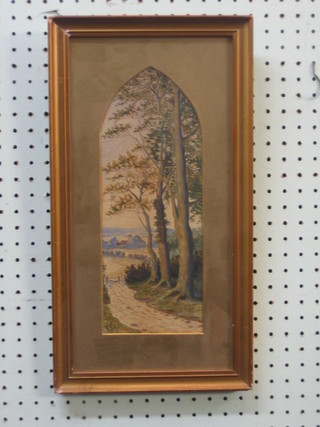 19th Century watercolour drawing "Rural Scene with Church in Distance" monogrammed F W 80, 12" x 5"