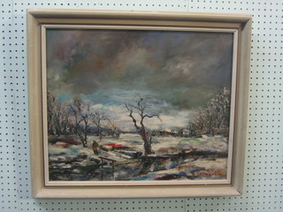 M Desmoulin, impressionist oil on canvas "Snowy Scene with Figure" 17" x 21"