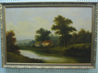 A 19th Century  oil on canvas "Rural Scene with River" 19" x 29"