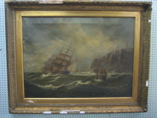 A 19th Century oil painting on canvas "Study of a Clipper off Rocky Coast Line with Lighthouse and Sailing Vessels" 24" x 33" (some light paint loss to top left hand corner)