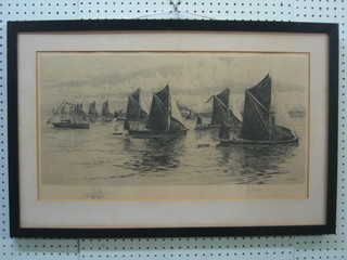 After Monk, a Victorian monochrome print "Thames Barges, J Class Yachts in the Background" signed in the margin, 11" x 24"